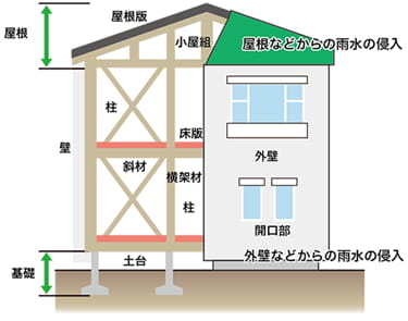 住保険金の対象となる部位の説明図。屋根（屋根板・小屋組・屋根などからの雨水の侵入）、外壁、開口部、外壁などからの雨水の侵入、壁、柱、床板、斜材、横架材、基礎（土台）